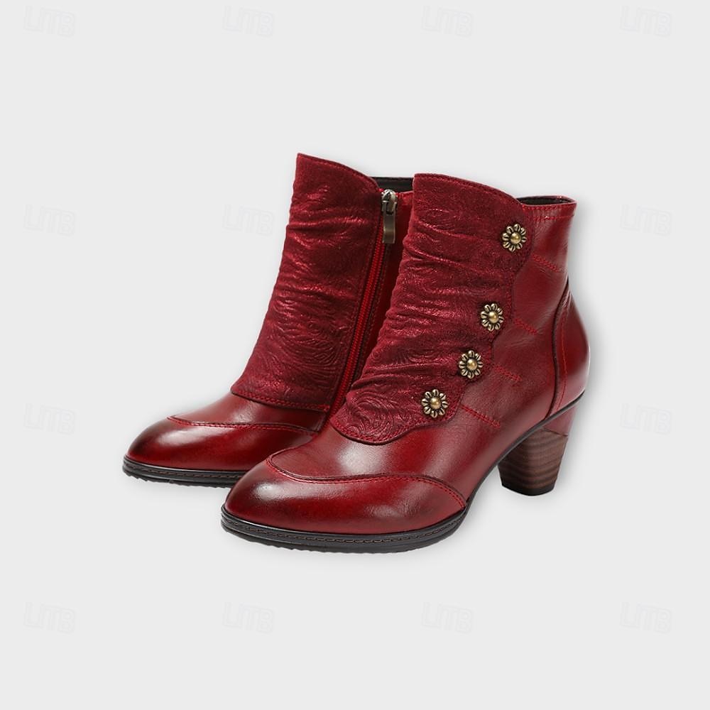 damskie botki vintage z czerwonej skóry – najwyższej jakości skóra bydlęca z kwiatowymi akcentami guzikowymi i grubym obcasem, idealne do stylu retro i na co dzień 2026 - $94.99 –P7