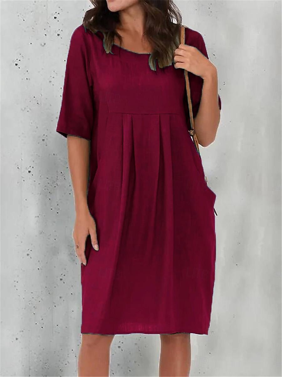 Damen Schwarz Wein Blau Sommer Frühling Minikleid Baumwoll-Leinen-Kleider Freizeitkleid Basic Modern Täglich Wochenende Lässiger Schnitt Einfach Rundhalsausschnitt 2025 - $26.99 –P7