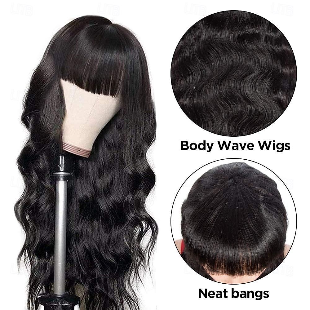 Body Wave pruiken met pony Echt haar pruik voor zwarte vrouwen Natuurlijke kleur 150% dichtheid Braziliaans maagdelijk haar Geen Kanten pruiken Machine gemaakte pruik 2025 - $86.99 –P2