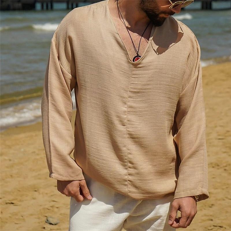 Men's Shirt Linen Shirt White Cotton Shirt Summer Shirt Beach Shirt Cotton Linen Shirt Plain Vacation Holiday Black White Khaki Long Sleeve V Neck Spring & Fall Clothing Apparel Button-Down 2025 - $23.99 –P5