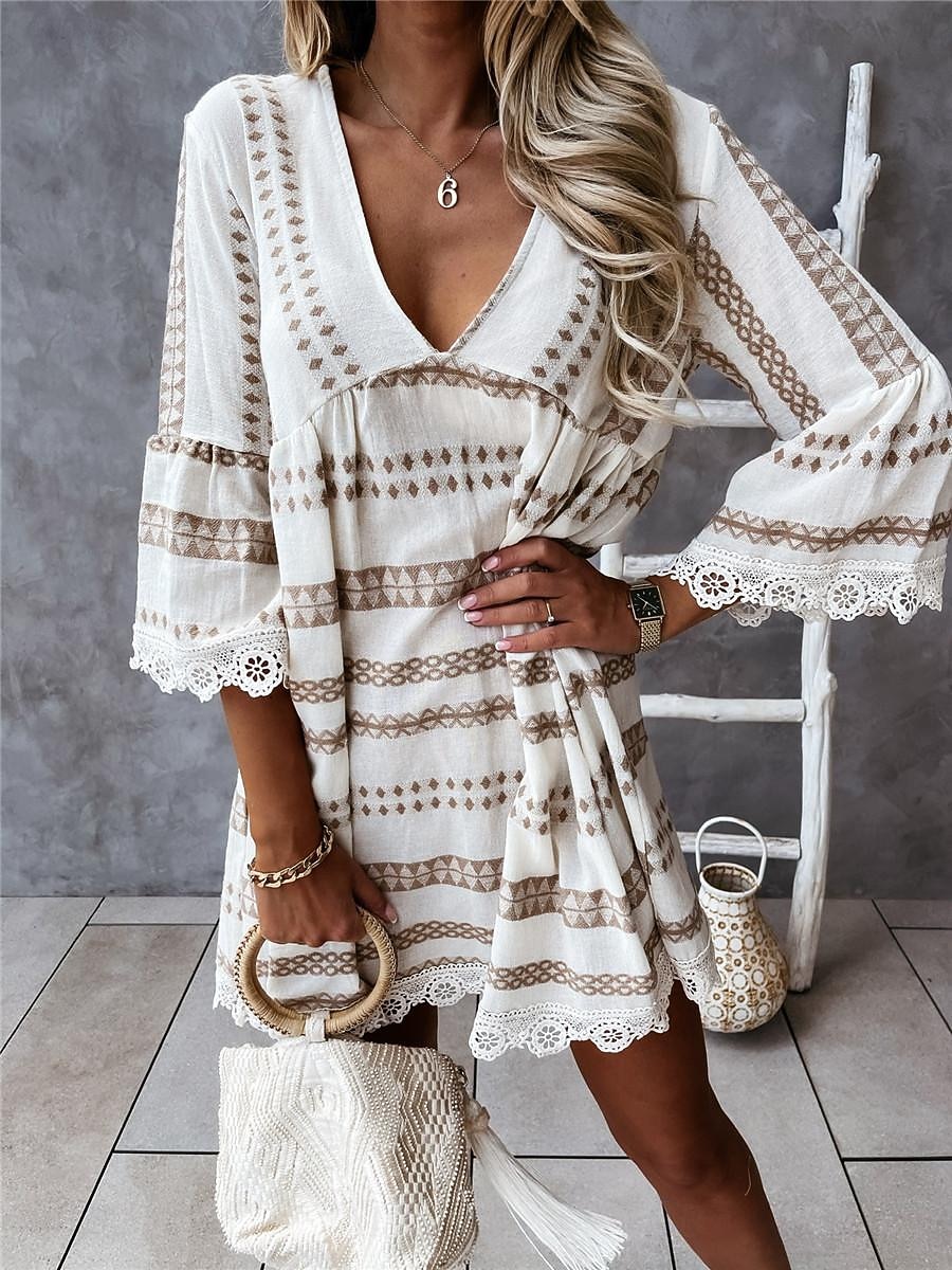 knee length dresses for ladies Summer Flowy Boho A-line V back Chiffon Long Sleeve Wedding Dress with  Sleeves