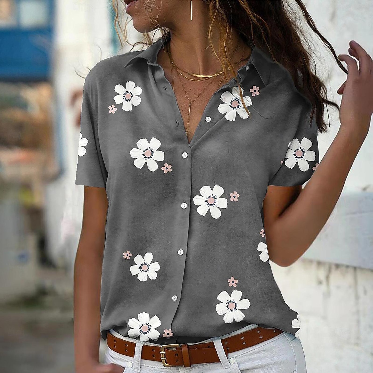 dames casual bloemenprint overhemd korte mouw reverskraag blauwe regular fit mode blouse voor lente zomer dagelijks gebruik 2025 - $21.99 –P2