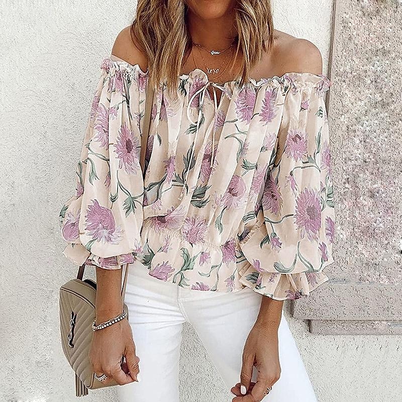 Damen Boho-Hemd Bluse Blume Modern Boho Langarm Schulterfrei Normale Oberteile Ferien Ausgehen Druck Weiß Rosa Blau Aprikose Sommer 2025 - $27.99 –P4