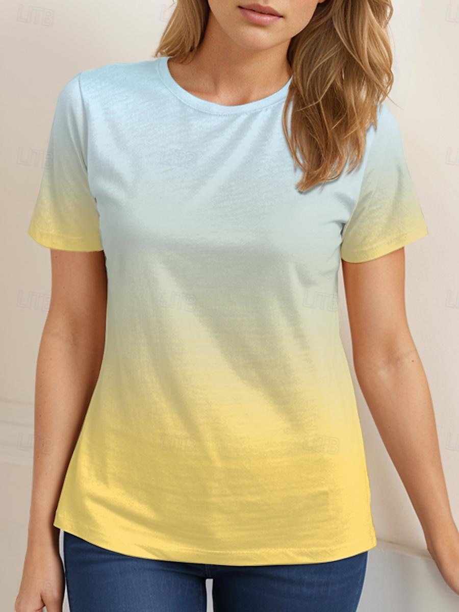 Women's T Shirt Ombre Color Gradient Fashion Short Sleeve Round Neck Regular Tops Vacation Daily Going out Print Yellow Blue Orange Light Blue Summer 2025 - $19.99 –P2