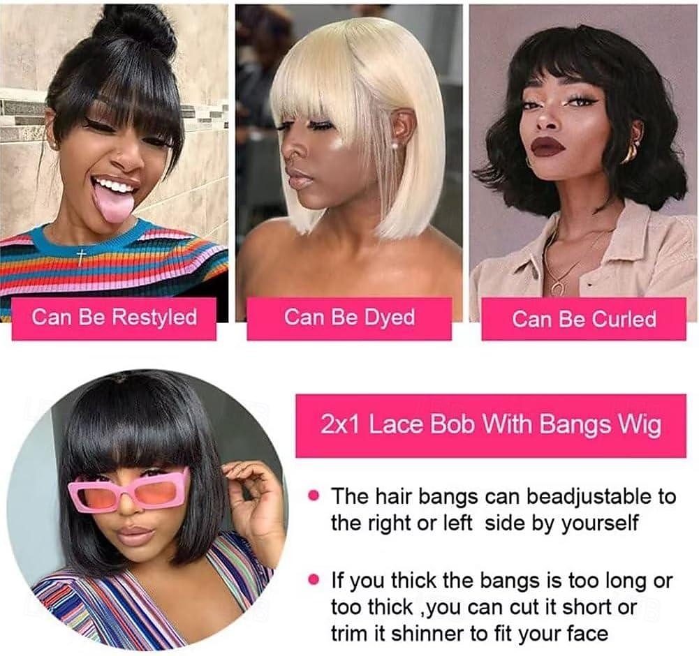 Straight Wig Human Hair With Bangs 2x1 Lace  Cut Wigs Realistic Look Scalp Bob Bangs Wigs For Women Natural Color Brazilian Human Virgin Hair Wigs 2026 - $81.99 –P5