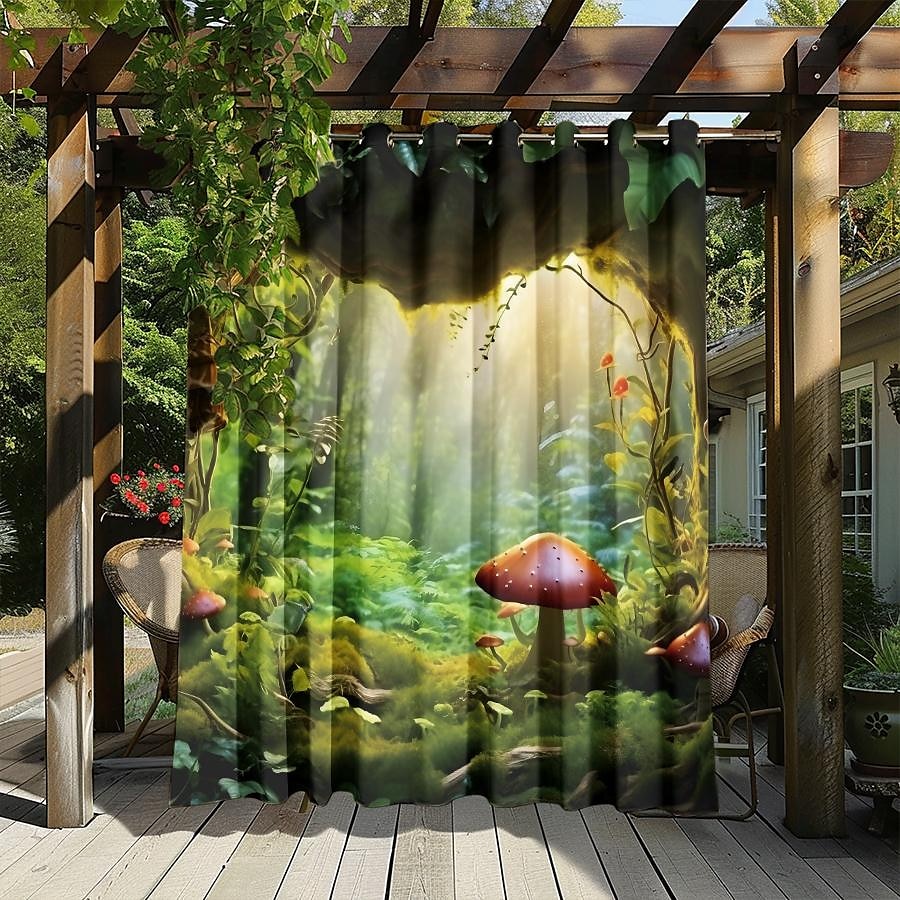 Wasserdichter Outdoor Vorhang Außenvorhang für Privatsphäre, Außenjalousien, verschiebbare Terrassenvorhangvorhänge, Pergolavorhänge mit Ösen, Pilzwald für Pavillon, Balkon, Veranda, Party 2025 - $28.99 –P14