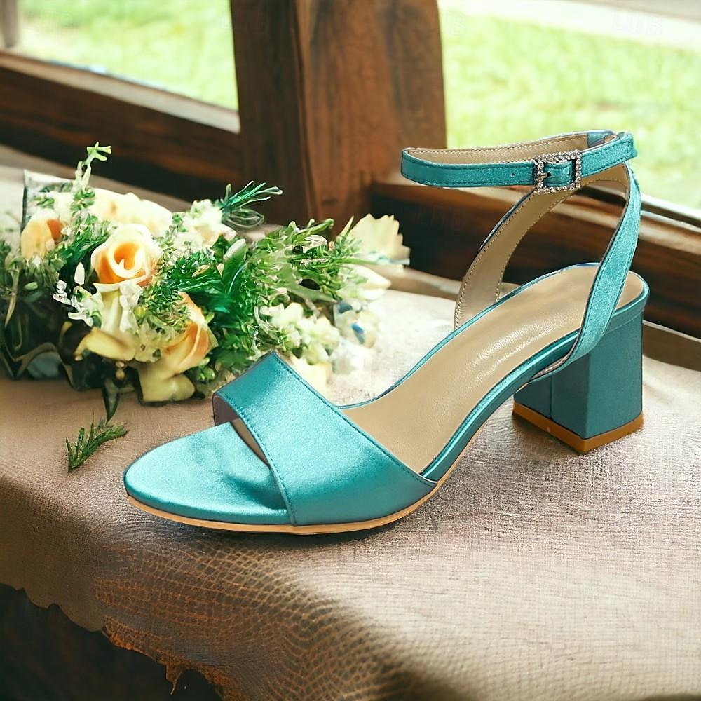 sandali con tacco a blocco in raso turchese con cinturino alla caviglia per donna - eleganti scarpe da sera e da matrimonio del 2025 a $84.99 –P3