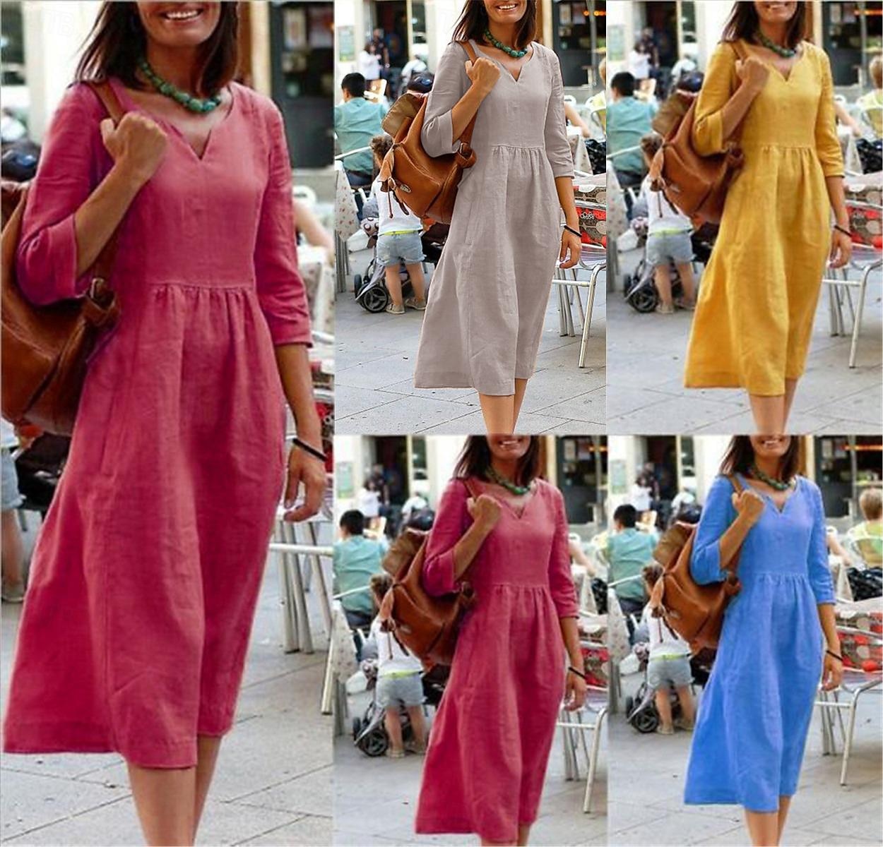 Femmes Jaune Rose Claire Rouge Été Printemps Robe Midi Robes inspirées du lin Robe Décontractée Basique Moderne Quotidien Week-end Coupe régulière Uni Col en V de 2025 ? $26.99 –P6