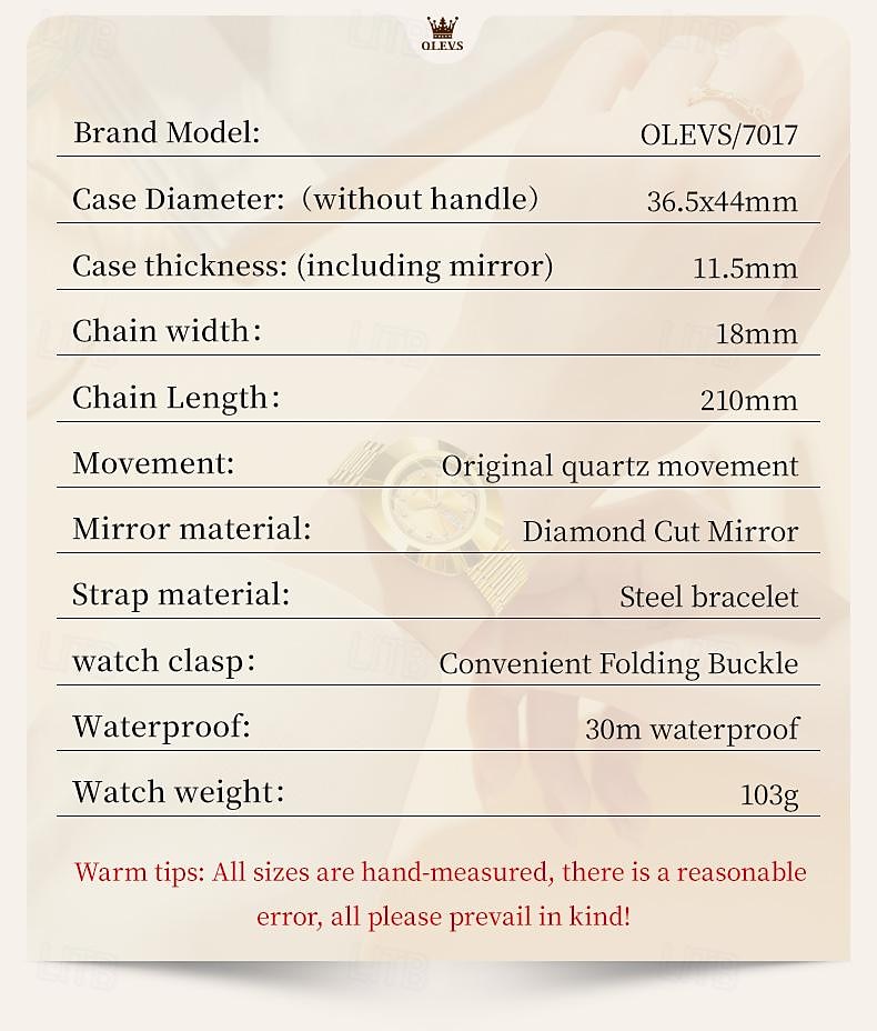 OLEVS Women's Watches Luxury Gold Large Dial Original Wristwatch for Girl Waterproof Luminous Fashionable Diamond Dial Date Week 7017 2025 - $46.99 –P8