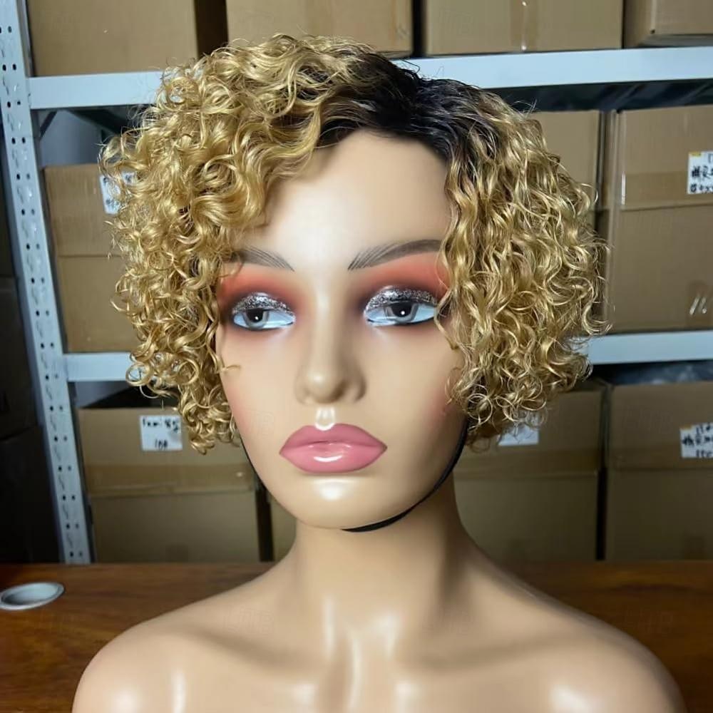 Perruques de cheveux humains bouclés courts pour les femmes noires perruque de partie latérale coupe de lutin cheveux humains brésiliens remy profonds bouclés aucun avant de lacet ombre blonde de 2025 ? $78.99 –P2