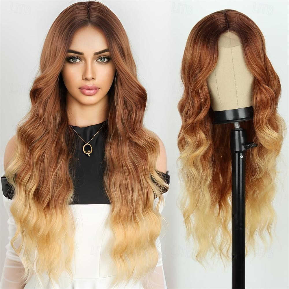 lunga parrucca ondulata marrone ombre per le donne parrucca da 26 pollici con parte centrale marrone chiaro parrucche in fibra sintetica resistente al calore dall'aspetto naturale parrucca riccia del 2025 a $20.99 –P9