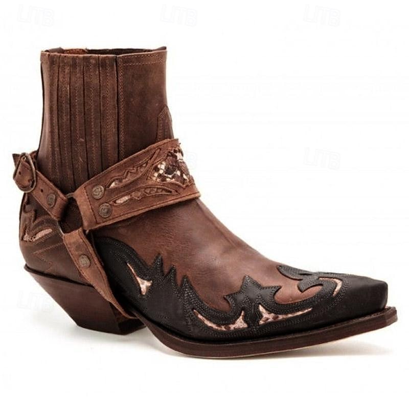 męskie czarne skórzane botki w stylu western z haftowanymi zdobieniami i metalową uprzężą - buty w stylu kowbojskim na rodeo, imprezy country i na co dzień 2025 - $54.99 –P4