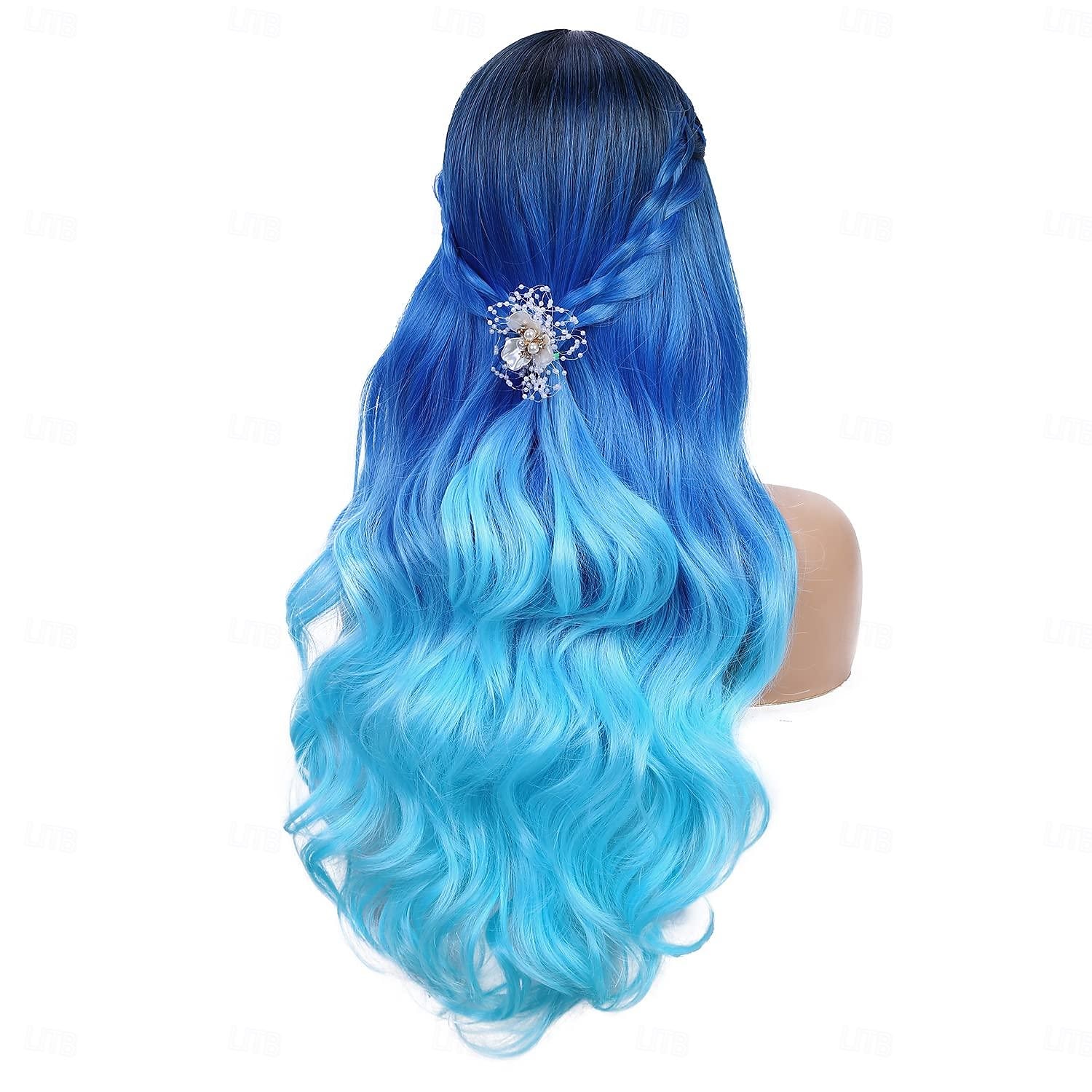 Hosszú kék hullámos parókák nőknek ombre kék tengerész haj parókák hosszú göndör szintetikus haj mindennapi vagy cosplay Halloween parókákhoz 2025 - $21.99 –P9