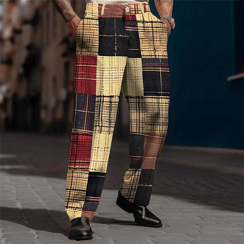 rutig business casual herr 3d-tryck klänning byxor byxor utomhus street wear till jobbet polyester khaki grå s m l byxor med hög elasticitet 2025 - $29.99 –P1