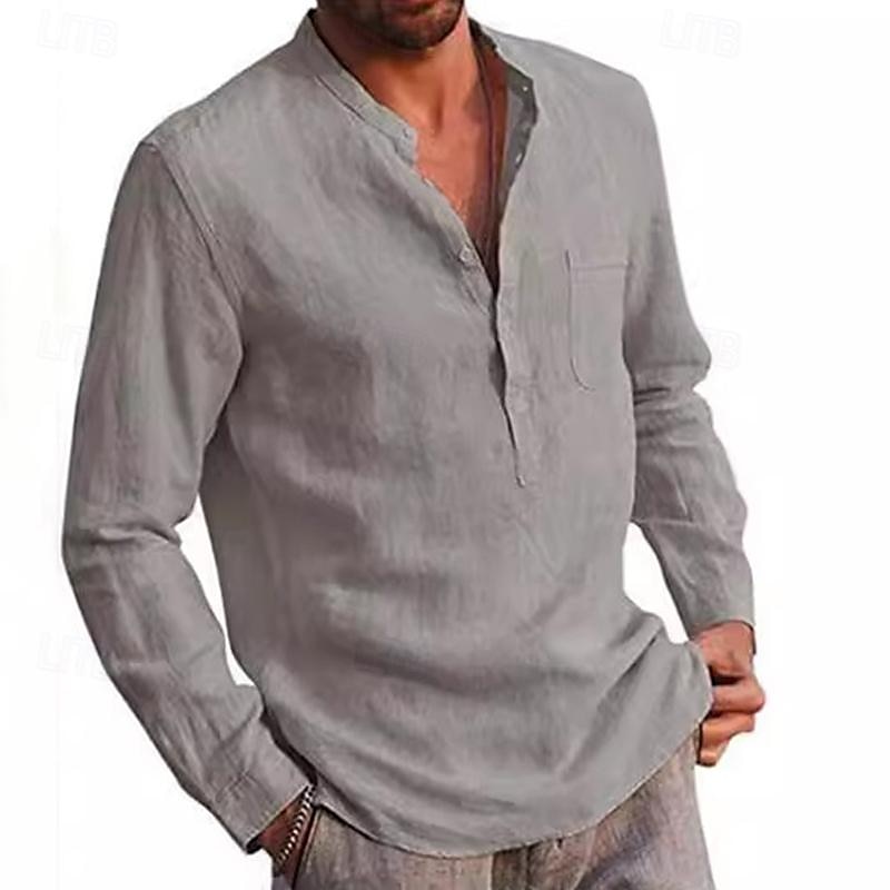 Camisas popover para hombre, color negro, azul marino, manga larga, lisas, estilo Henley, para vacaciones, estilo hawaiano, moda, informal, transpirable. 2025 - $19.49 –P1