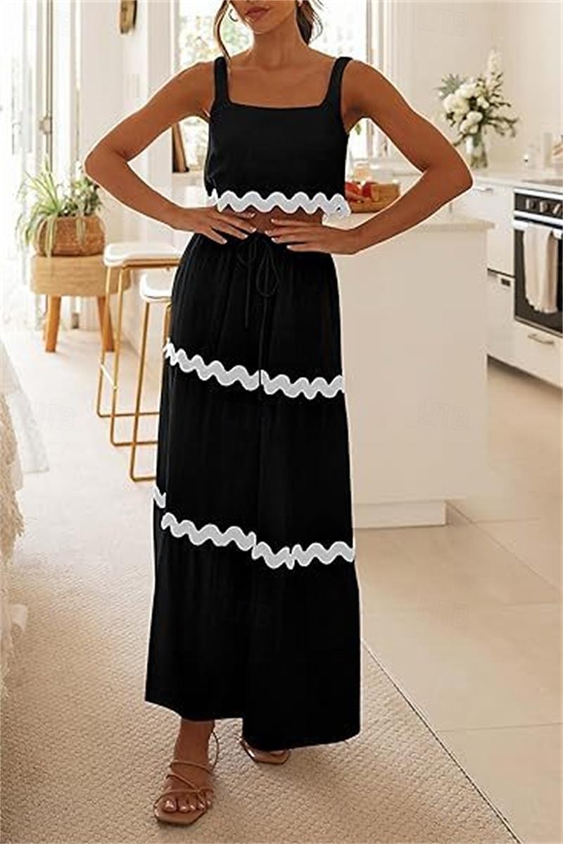 Women's Dress Set Casual Dress Skirt Set Print Dress Fashion Modern Stripe Print Long Dress Maxi Dress Sleeveless Strap Outdoor Date Black White Red Summer Regular Fit 2025 - $44.99 –P2