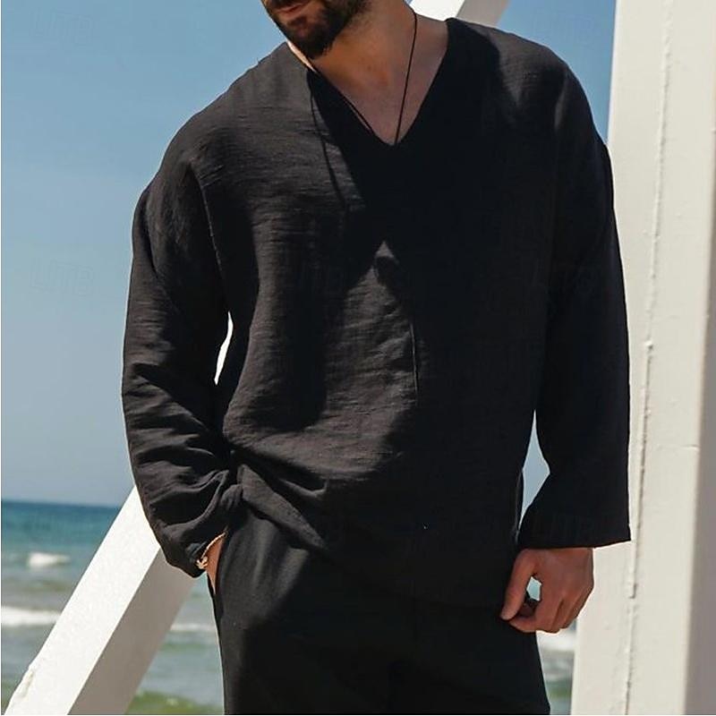 Men's Shirt Linen Shirt White Cotton Shirt Summer Shirt Beach Shirt Cotton Linen Shirt Plain Vacation Holiday Black White Khaki Long Sleeve V Neck Spring & Fall Clothing Apparel Button-Down 2025 - $23.99 –P7