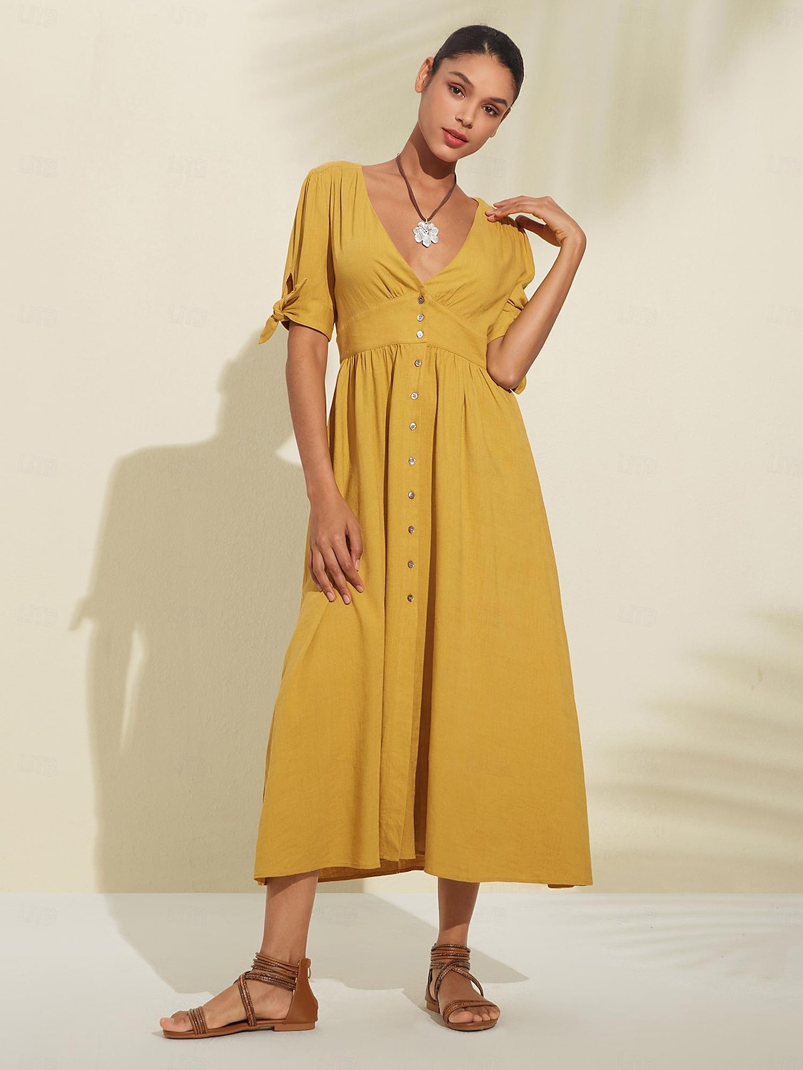 Women's Linen Blend Yellow Bow Detail Midi Tea Dress 2025 - $69.99 –P5