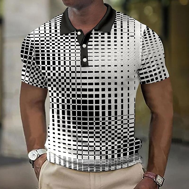 Men's Plaid Waffle Polo Shirts Golf Shirt Short Sleeve Polo Shirts Collared Shirts Vintage Casual Vacation Wear Formal Wear Festival Wear Buttons 3D Print Light Yellow Light Pink Black-White 2025 - GBP £18 –P11