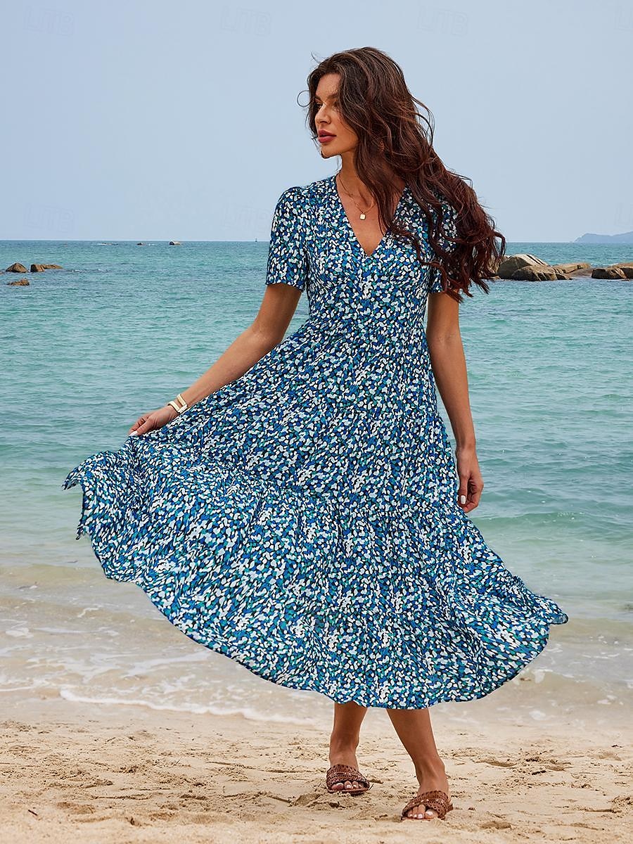 robe mi-longue pour femme à manches courtes col en V imprimé floral style bohème vêtements de plage confortables pour vacances bleu blanc été printemps vêtements de 2025 ? $39.99 –P2