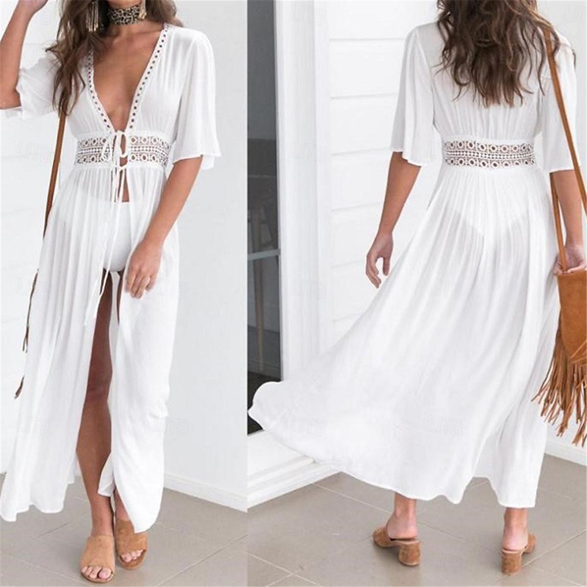 Pentru femei Rochie Maxi Rochie albă Rochie casual Rochie leagăn Rochie A line Șic Stradă Linie A Vacanță Concediu Plajă Fit regulat Manșon Jumate În V Negru Alb Albastru piscină Vară 2025 - $46.99 –P6