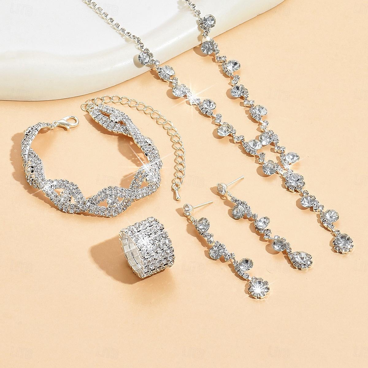 Juego de Joyas 5 piezas Brillante Legierung Anillos Pendientes Collare Pulseras Mujer Elegante Moda Lujo Geométrico Forma Geométrica Conjunto de joyas Para Boda Aniversario Invitado a la boda 2025 - $17.99 -P2