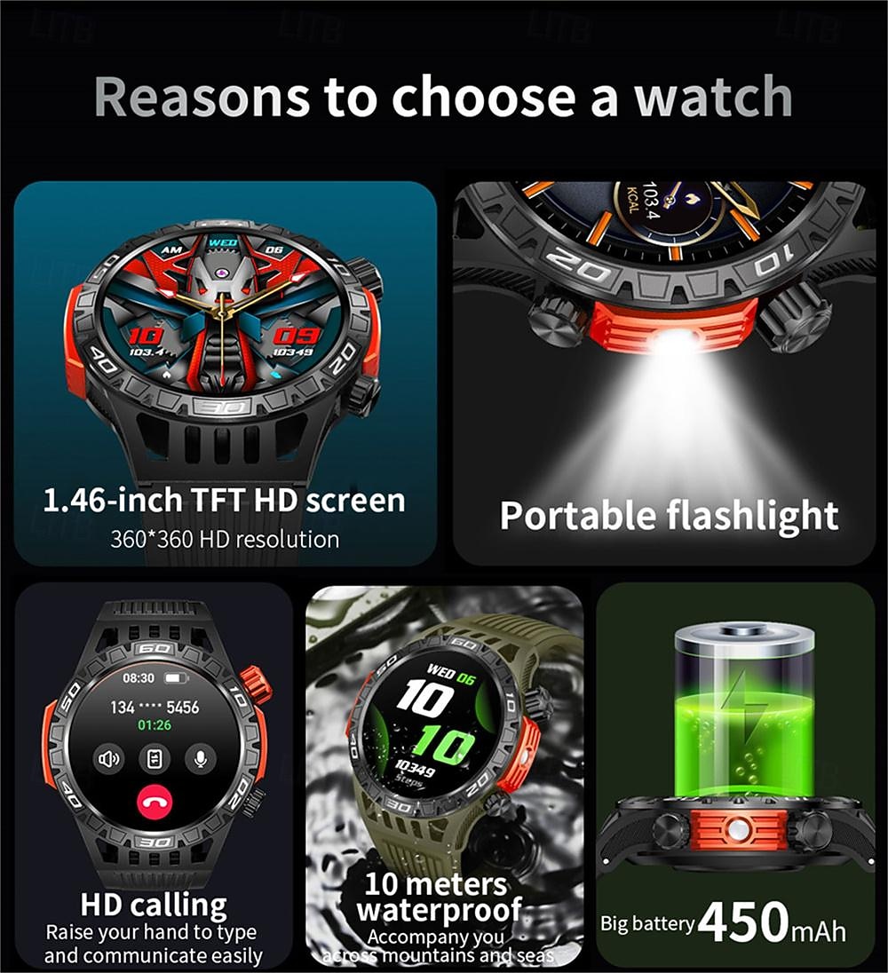 ceas inteligent ht22 ecran de 1,46 inchi apel bluetooth ip68 lanternă cu led rezistentă la apă baterie mare 100 sport gps pistă de fitness ceas inteligent 2025 - $46.99 -P2