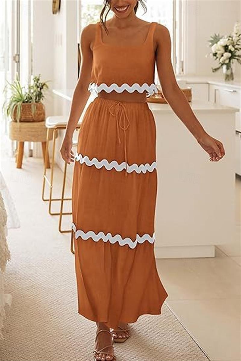 Women's Dress Set Casual Dress Skirt Set Print Dress Fashion Modern Stripe Print Long Dress Maxi Dress Sleeveless Strap Outdoor Date Black White Red Summer Regular Fit 2025 - $44.99 –P5