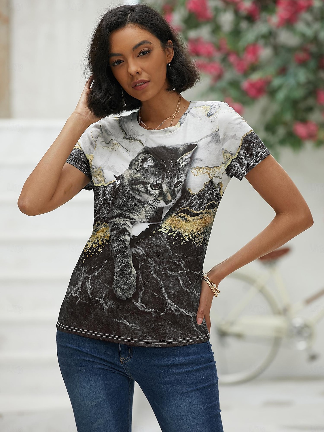 Women's T shirt Tee Black White Blue Graphic Cat Print Short Sleeve Daily Weekend Vintage Round Neck Regular 3D Cat Painting S 2025 - $19.99 –P14