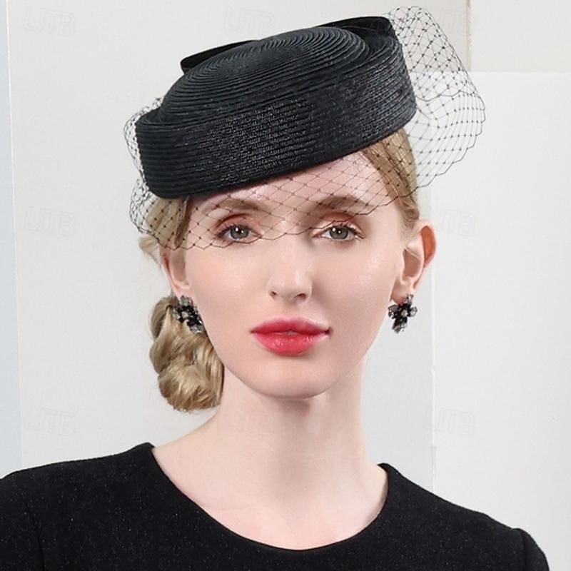 Cappelli Tulle Fibra Bombetta / Cappello a cloche Cappello di paglia Matrimonio Tè Elegante Matrimonio Con Fiocco Tulle Copricapo Copricapo del 2025 a $60.99 –P12