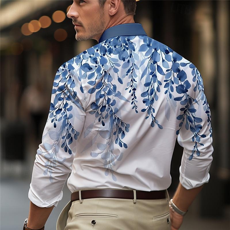 Herren Blatt Bedruckte Hemden Langarm Business-Casual Tragen Sie, um zu arbeiten Freizeitskleidung Strassenmode Frühling Sommer Umlegekragen Tasche Bedruckt Button-Down Gelb Blau 2025 - $26.99 –P2