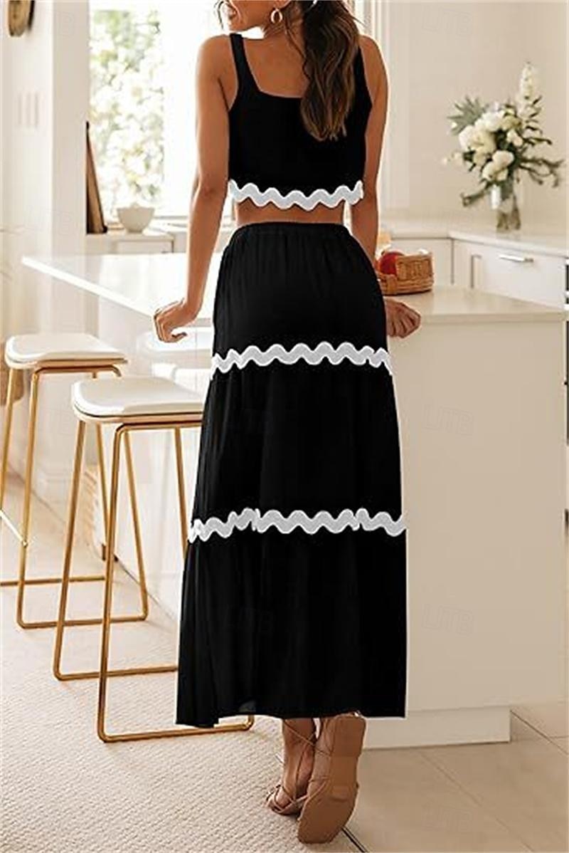 Women's Dress Set Casual Dress Skirt Set Print Dress Fashion Modern Stripe Print Long Dress Maxi Dress Sleeveless Strap Outdoor Date Black White Red Summer Regular Fit 2025 - $44.99 –P4