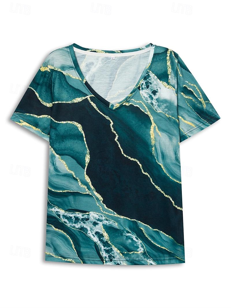 Damen T-Shirt Basic Print Kurzarm Regular Fit Oberteile V-Ausschnitt Casual Weekend Schwarz Lila 2025 - $19.99 –P4