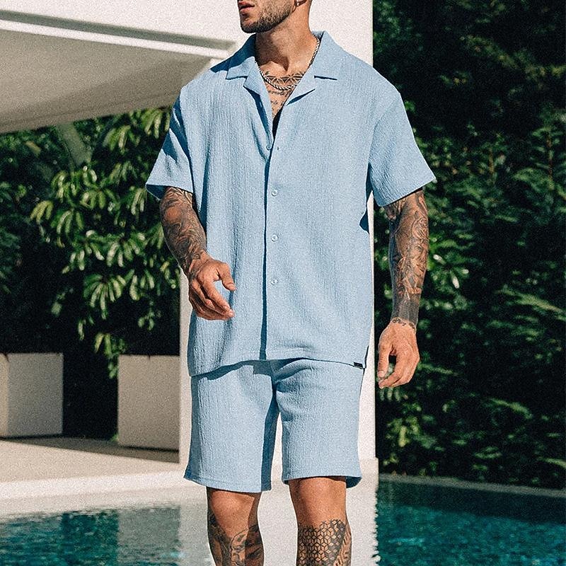 Men's Shirt Shirt Set Summer Shirt Button Up Shirt Casual Shirt Beach Shirt Black Blue Green Short Sleeve Plain Camp Collar Holiday Vacation 2 Piece Clothing Apparel Fashion Casual Comfortable 2026 - $40.99 –P3