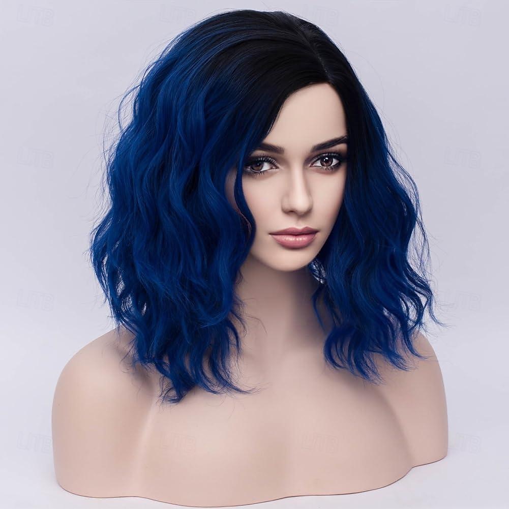 Pelucas negras y azules para mujeres niñas, peluca de cabello corto, rizado, ondulado, estilo bob, color azul oscuro, degradado, onda corporal, resistente al calor, sintética, para cosplay, fiestas 2025 - $19.49 –P2
