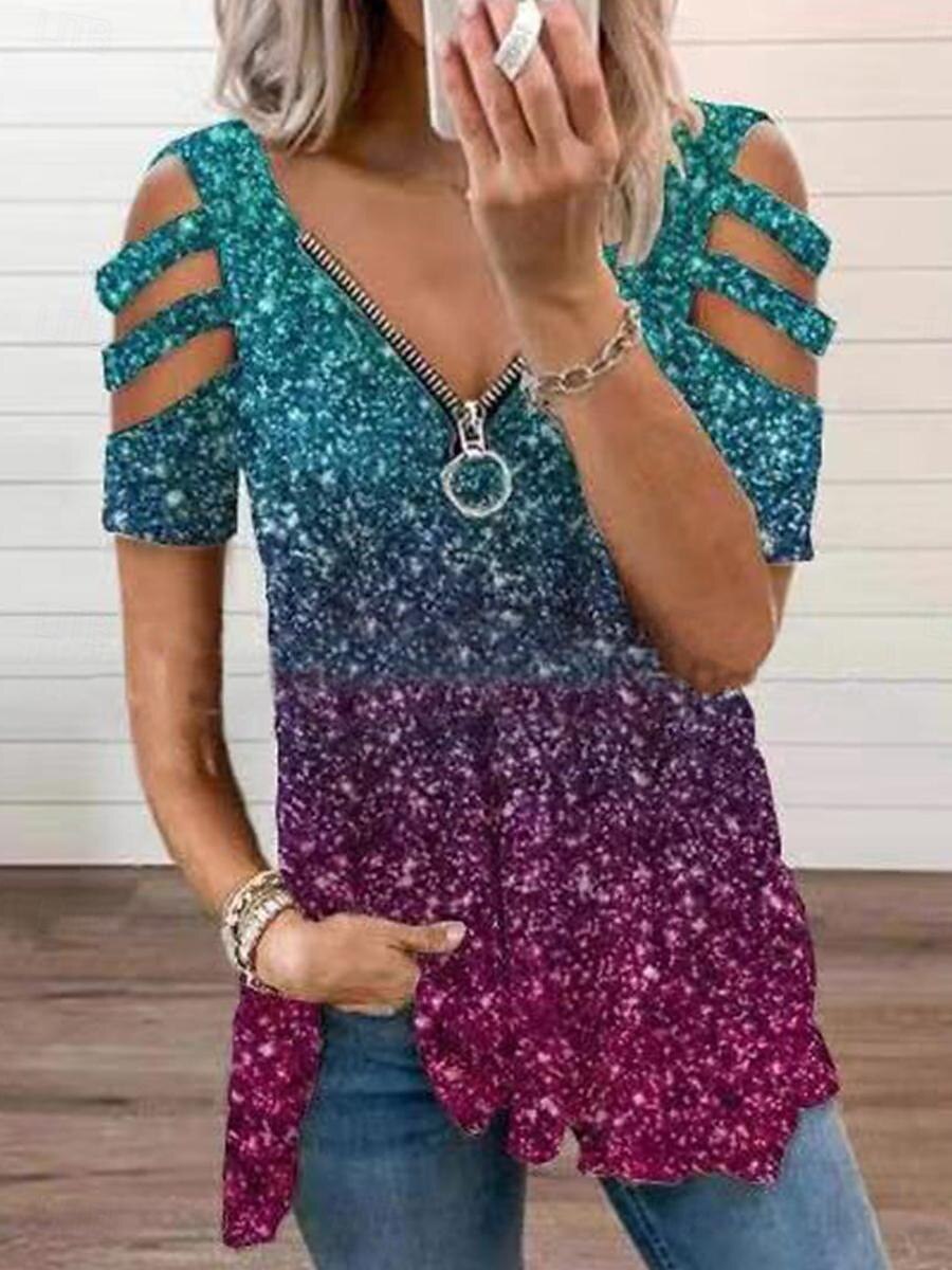 chemisier femme mode moderne bloc de couleurs patchwork découpé imprimé manches courtes hauts réguliers col en V décontracté noir arc-en-ciel été de 2025 ? $26.99 –P1