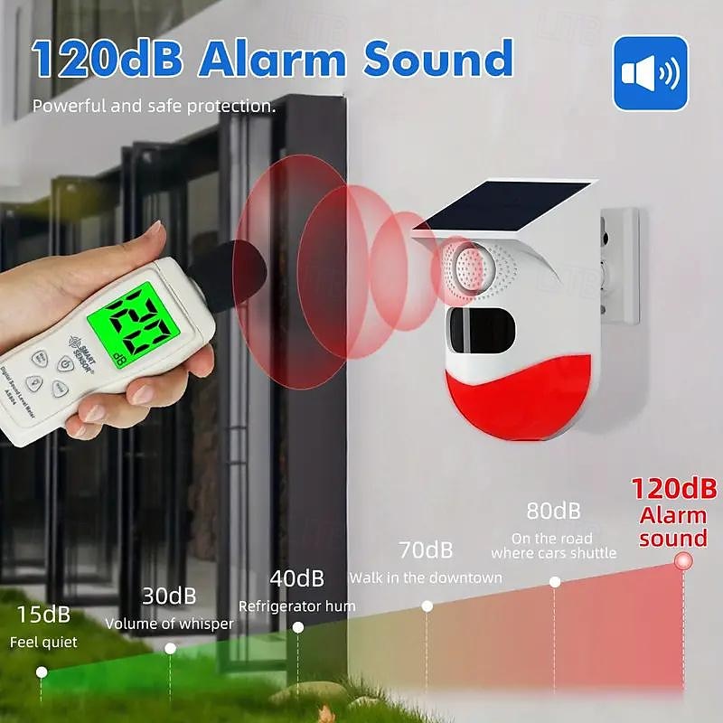Solar Strobe Alarm Light with Motion Detection - 120dB Siren, 7 Modes, Remote Controller & Real-Time APP Notification for Home, Farm, Villa, Yard 2025 - $52.99 –P3