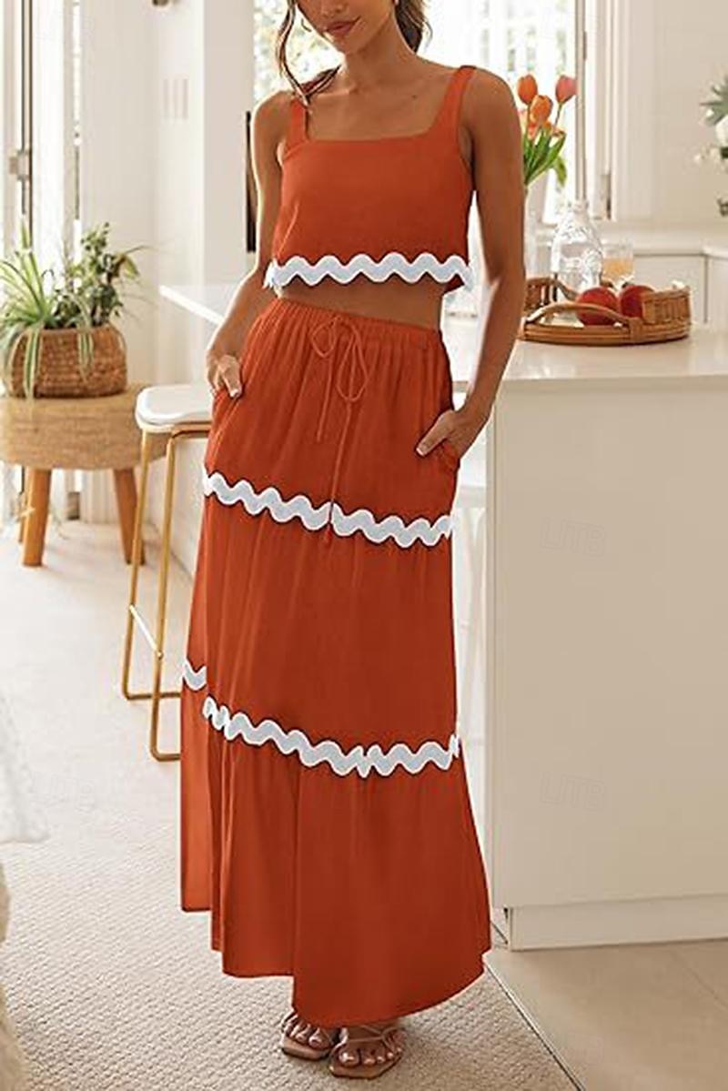 Women's Dress Set Casual Dress Skirt Set Print Dress Fashion Modern Stripe Print Long Dress Maxi Dress Sleeveless Strap Outdoor Date Black White Red Summer Regular Fit 2025 - $44.99 –P6