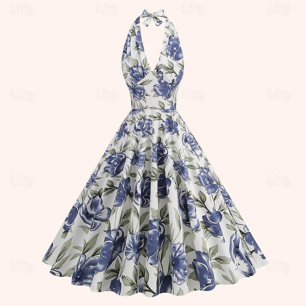 Retro Vintage 1950er Träger Midlänge Flapper Kleid Kleid Swing-Kleid Blumen Damen Maskerade Maskerade Date Junggesellinnenabschiedsparty Erwachsene Kleid Abschlussballkleider Frühling & Sommer 2025 - $38.99 –P1