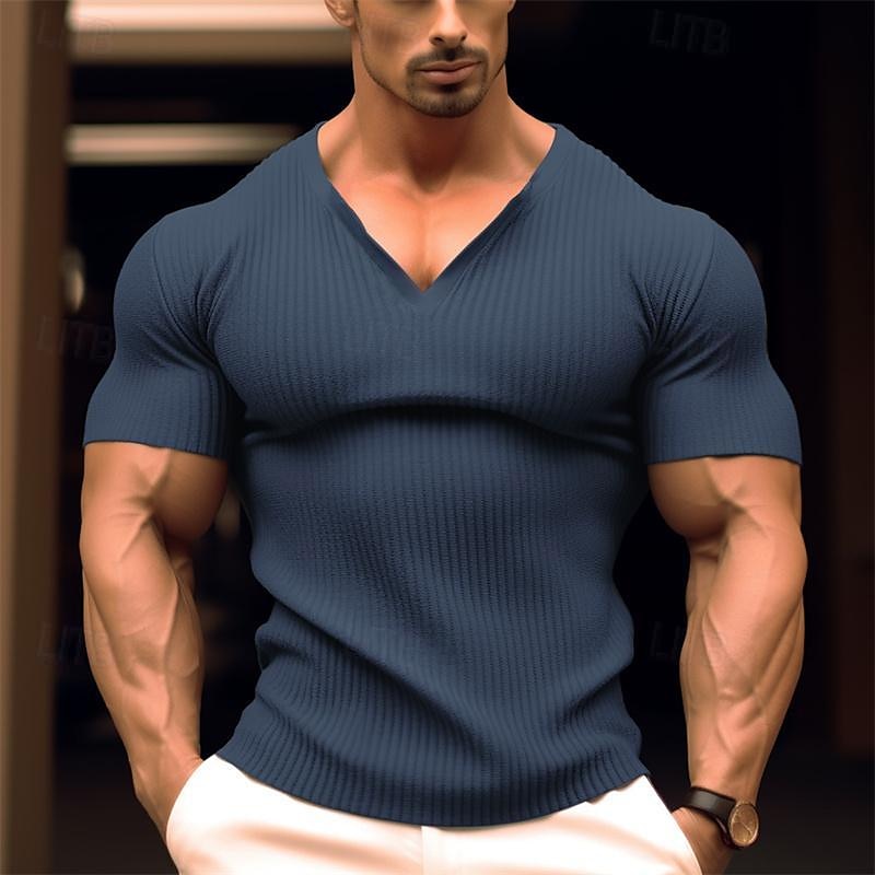 Herren T Shirt Geripptes Strick-T-Shirt T-Shirt Kurze Ärmel V Ausschnitt Sommer Einfach Grubenstreifen Mode Designer Basic Knöpfe Urlaub Straße Ausgehen Schwarz Weiß Marinenblau Top T-Shirt für Herren 2025 - $17.99 –P2