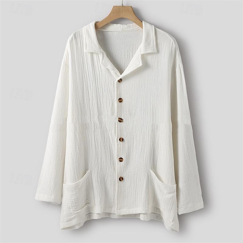 Per uomo Camicia Camicia di lino Camicia bianca di cotone Camicia Estiva Camicia da Spiaggia Camicia in cotone e lino Semplice Vacanza Camicia hawaiana Bianco Manica Lunga Collo Camp Primavera del 2025 a $27.99 –P5