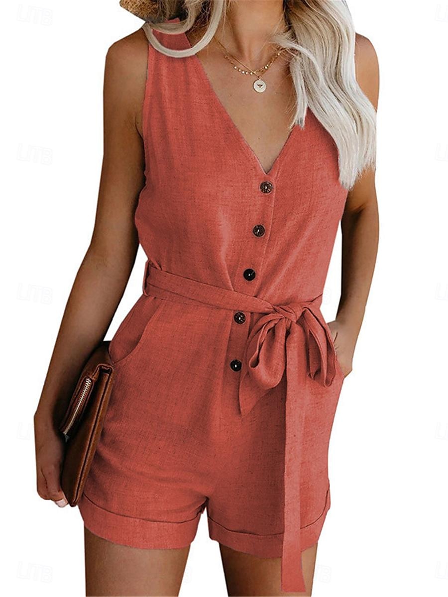 combinaison femme sans manches col en V boutonné devant noué à la taille couleur unie lin style décontracté élégant été printemps tenue une pièce de 2025 ? $22.99 –P5
