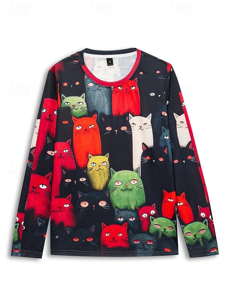 Damen T-Shirt Langarm Rundhals Langarm Tunika Katzenprint Reguläre Tops Rundhals Alltag Wochenende Schwarz Gelb Orange Frühling  Herbst Pre-Fall 2026 - $24.99 –P4