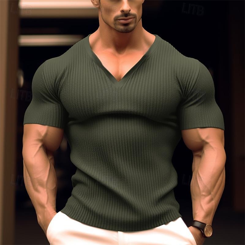 Herren T Shirt Geripptes Strick-T-Shirt T-Shirt Kurze Ärmel V Ausschnitt Sommer Einfach Grubenstreifen Mode Designer Basic Knöpfe Urlaub Straße Ausgehen Schwarz Weiß Marinenblau Top T-Shirt für Herren 2025 - $17.99 –P1