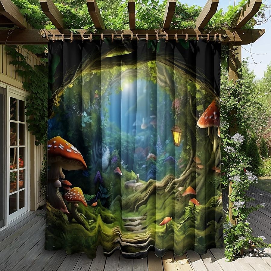 Wasserdichter Outdoor Vorhang Außenvorhang für Privatsphäre, Außenjalousien, verschiebbare Terrassenvorhangvorhänge, Pergolavorhänge mit Ösen, Pilzwald für Pavillon, Balkon, Veranda, Party 2025 - $28.99 –P18