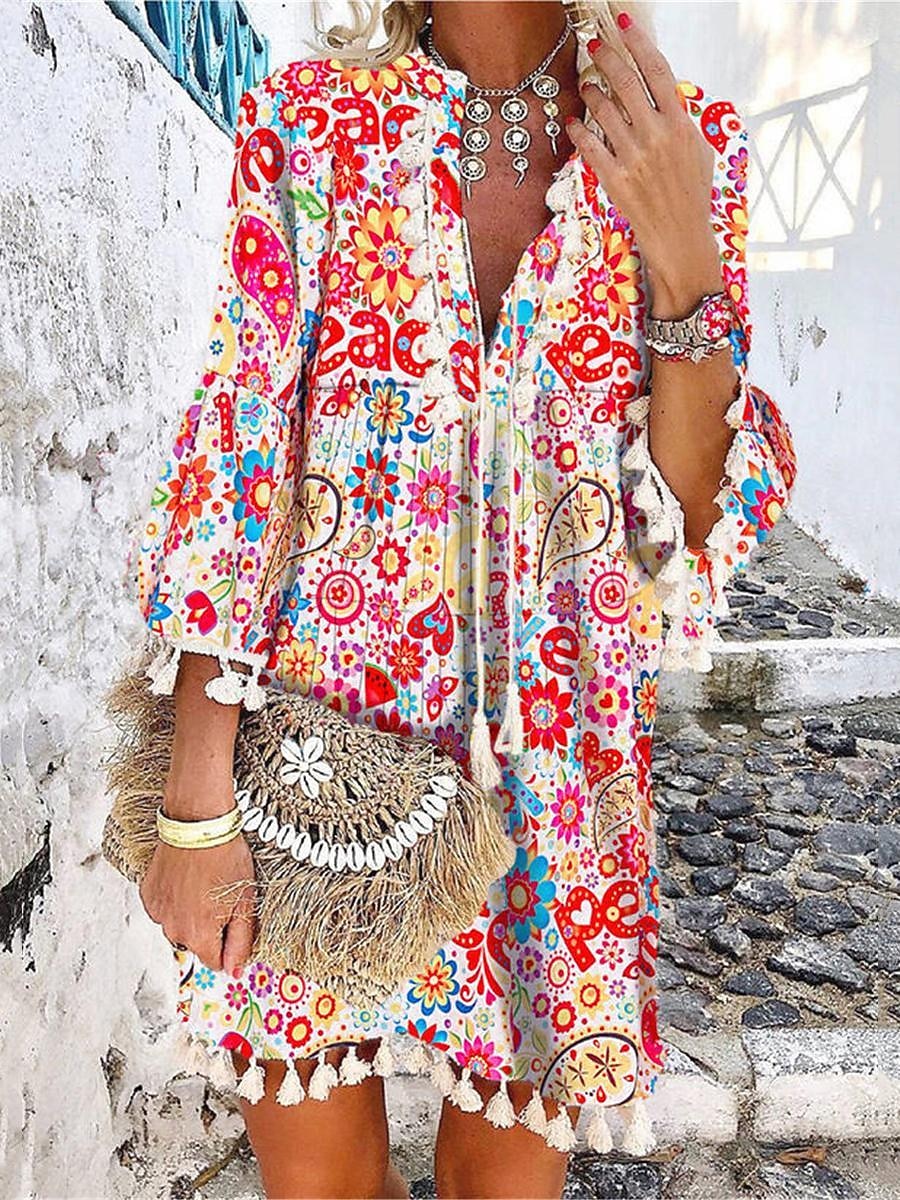 Dam Mini klänning Vardagsklänning Långärmad Boho klänning Sommarklänning Boho-klänning bohemliv Etnisk Semester Helgdag Lös passning Blommig Geometrisk Färgblock Delad hals Vit Rubinrött Marinbl 2026 - $28.99 –P3