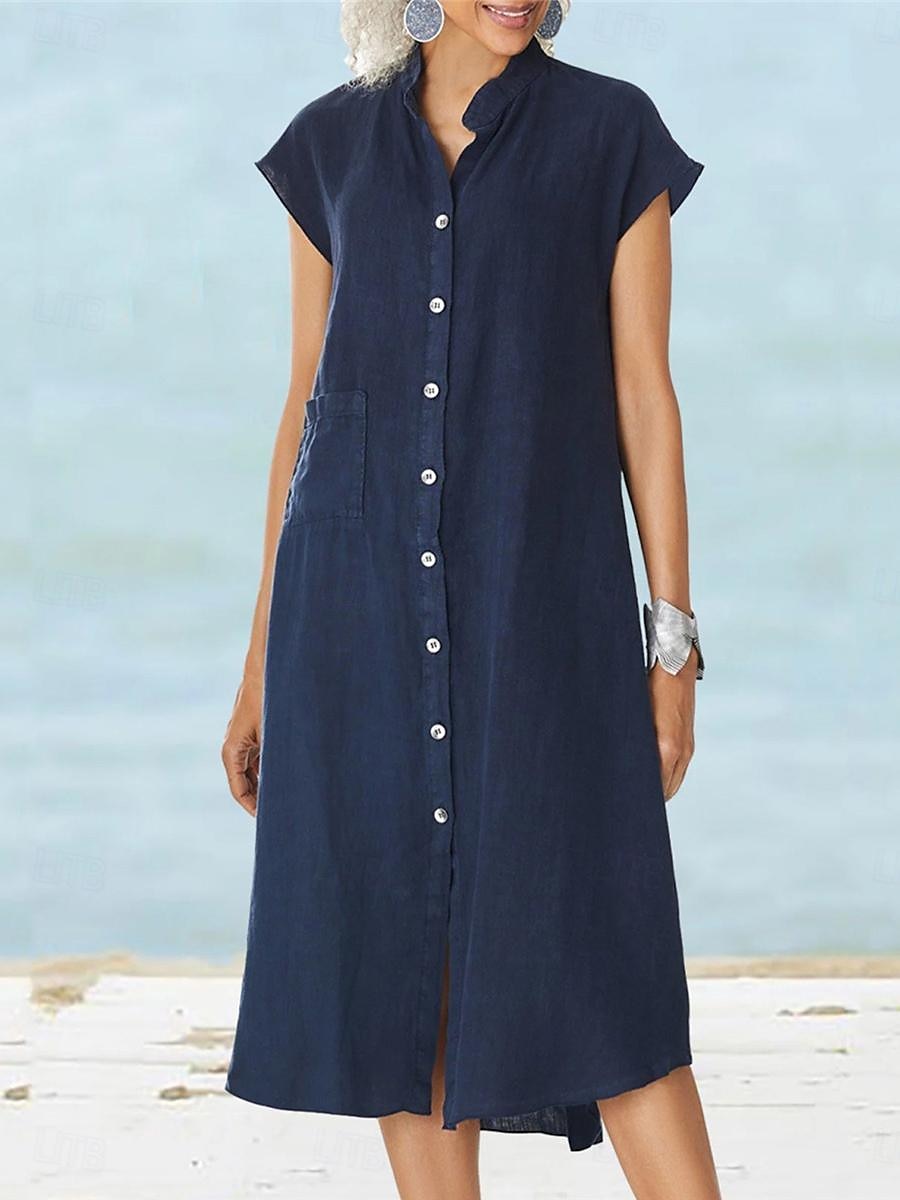 Pentru femei Negru Alb Roșu Vin Vară Primăvară Rochii Midi Rochii de in bumbac Rochii Tip Cămașă Rochie casual De Bază Modern Zilnic Sfârșit de săptămână Potrivire Largă Simplu Guler de stand 2025 - $22.99 –P1