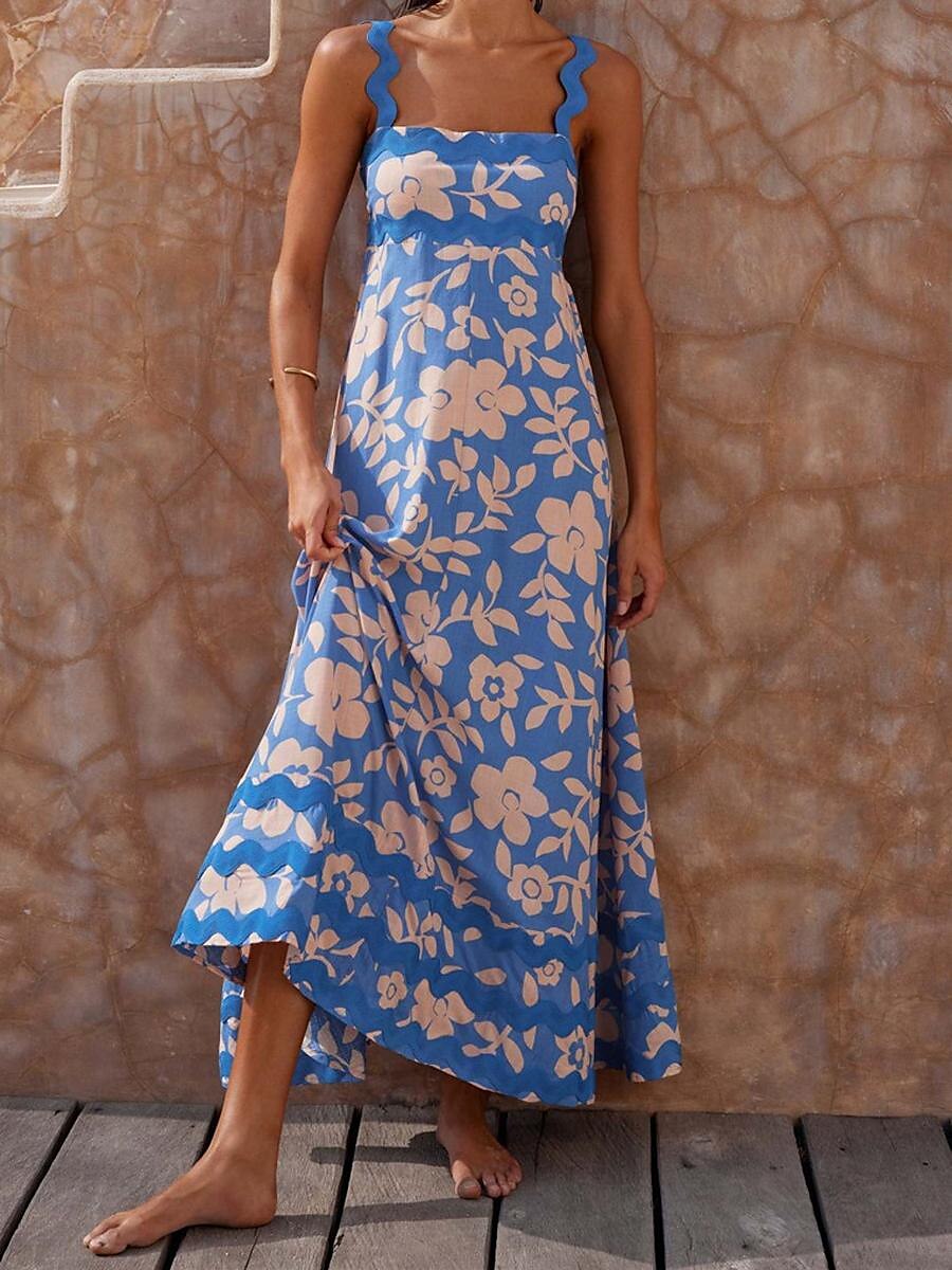 Damen Freizeitkleid Unterkleid Strandkleid Blumen rückenfrei Print Träger langes Kleid Maxikleid tropischer Hawaiiurlaub ärmellos Sommer 2025 - $41.99 –P13