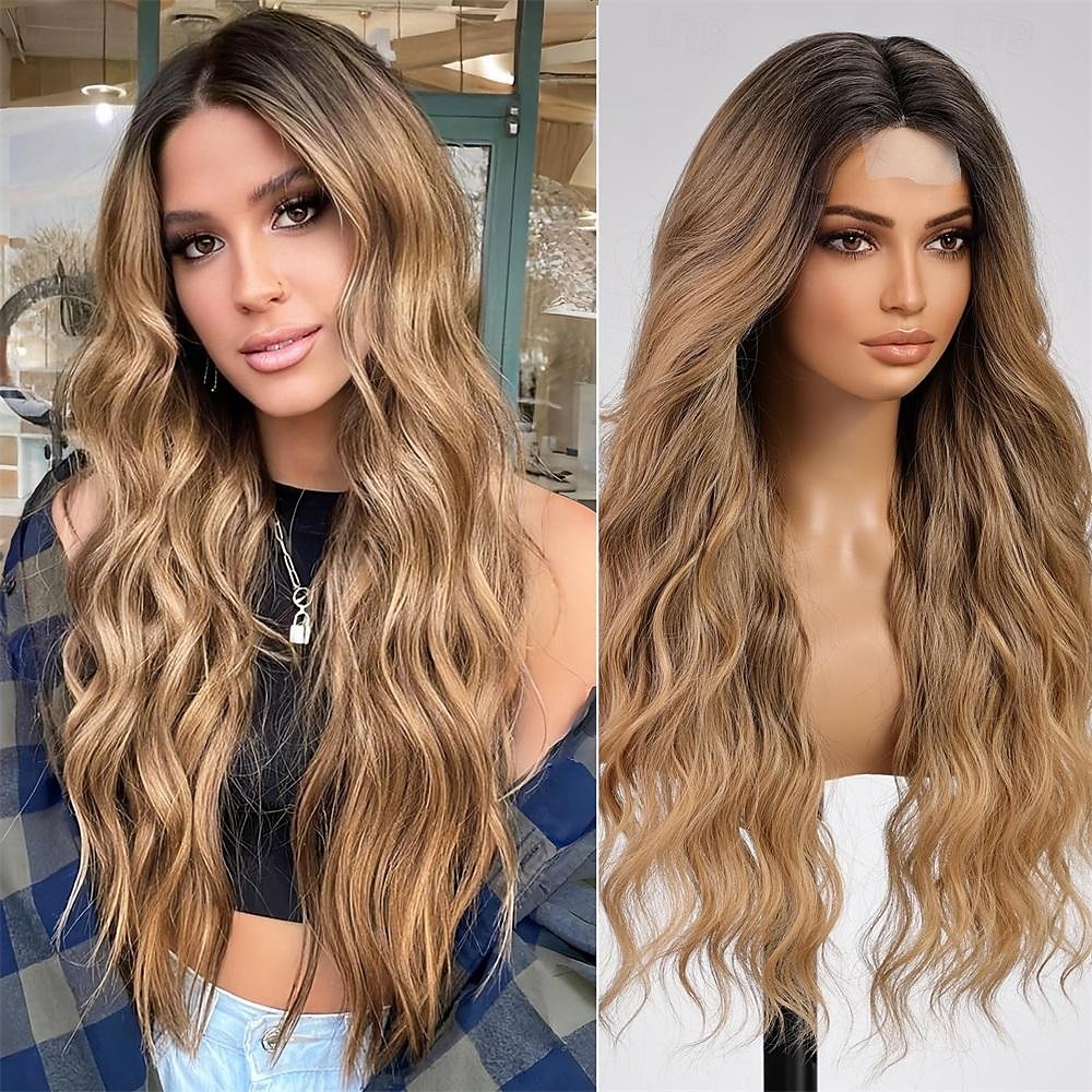 Parrucca ondulata lunga marrone con riflessi per le donne Parrucca ondulata riccia con parte centrale Parrucca in fibra sintetica resistente al calore dall'aspetto naturale per l'uso quotidiano nelle del 2025 a $25.99 –P9