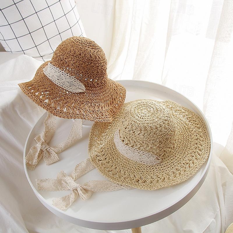 cappello a secchiello all'uncinetto cavo nastro di pizzo cravatta a tesa larga cappello da sole in paglia traspirante eleganti cappelli da spiaggia da viaggio per ombrellone per donna del 2025 a $14.99 –P3